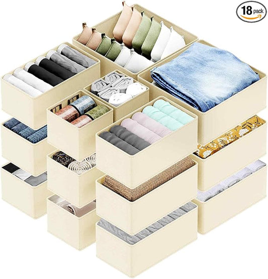 SpaceAid Drawer Organizer for Clothes, 18 Pack Dresser Drawer Organizer Bins, Closet Organizers and Storage Dividers for Clothing, Underwears, Socks (Beige)