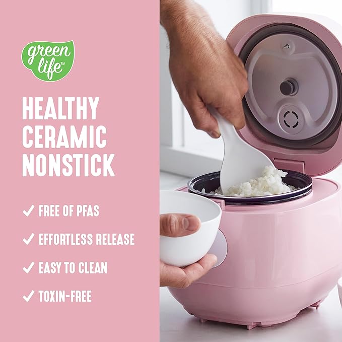 GreenLife Digital Rice Cooker, 2-Cups Uncooked/4-Cups Cooked, Removable Nonstick Ceramic PFAS-Free Pot, One-Touch Presets, Oats, Quinoa, Brown Rice, Auto Keep Warm, Fuzzy Logic Tech, 1.5 QT, Pink