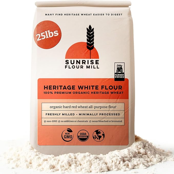 Sunrise Flour Mill Heritage Organic White Flour | USDA Organic All Purpose Flour Unbleached - Non-GMO, Kosher, Glyphosate Free, High Protein for Baking, Unbromated White Wheat (400 Ounce (Pack of 1))