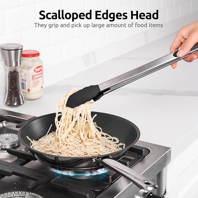 Heat Resistant Silicone Kitchen Tong: U-Taste 16 inch Extra Long Large 480ºF Hot Proof Cooking Tong with Sturdy Non Stick Rubber Tips & Non Slip Silicon Coated Steel Handle for Grilling BBQ (Black)