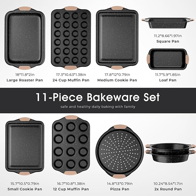 11-Piece Baking Pans Set, Nonstick Bakeware Sets, Oven Pans for Baking with Silicone Handles, Includes Cookie Sheet, Cake Pans, Loaf Pan, Pizza Pan, Muffin Pan, Khaki&Black¡­