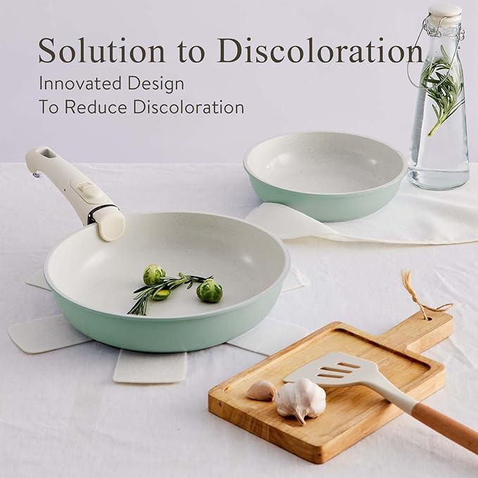 5 Piece Ceramic kitchen Cookware Set,Nonstick Pots and Pans with Removable Handles Stackable Camping Cookware Dishwasher&Oven Safe Frying Pan Green