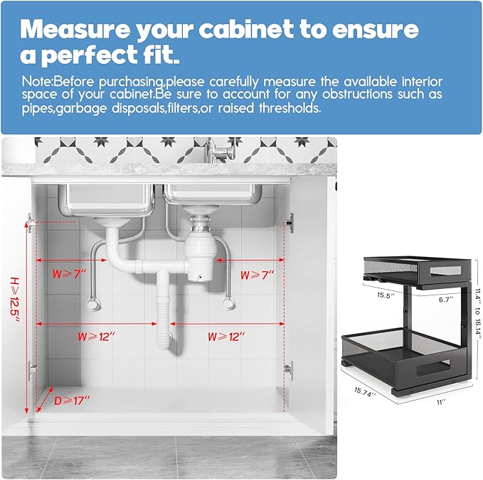 1 Pack-11.4"-16.14"H Under Sink Storage Organizer, Large 2-Tier Elegant Mesh Pull Out Shelf for Kitchen and Bathroom Cabinet Organization, L-Shaped and Adjustable Height Design for Maximum Space-Black