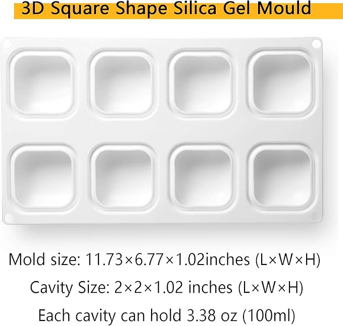 OCPO KITCHEN Square Silicone Mold for Baking Mousse Cake, 3D Silicone Mold for Baking Cheese Cakes Dessert Pastry Chocolate Pudding Ice Cream Handmade Soap Mold (8-Cavity)