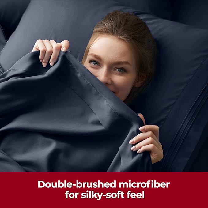 Mellanni Extra Deep Twin XL Sheets - 3 PC Iconic Collection Bedding - Hotel Luxury, Ultra Soft, Cooling Bed Sheets - Wrinkle, Fade, Stain Resistant (Twin Extra Long, Navy Blue)