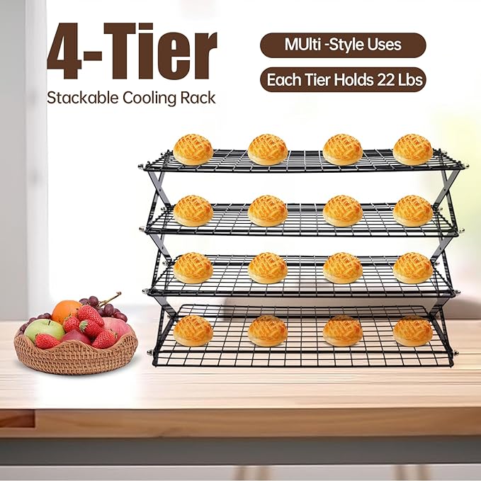 4-Tier Collapsible Cooling Rack – 16" x 10" Adjustable Stackable Non-Stick Wire Rack for Baking, Roasting, Cookies, Cakes, Drying, Picnic & BBQ, Each Tier Holds 22 Lbs