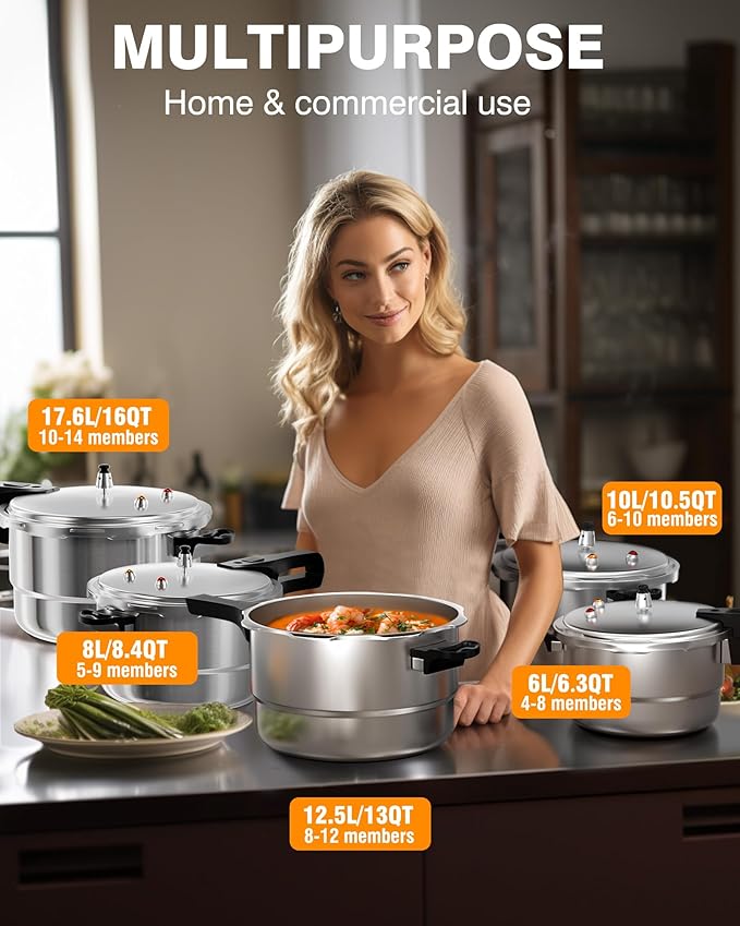 WantJoin 13Qt Aluminum Pressure Cooker w/Release Valve & Multiple Protective Devices,Pressure Canner Compatible with Gas & Induction Cooker,Canner Rack Included