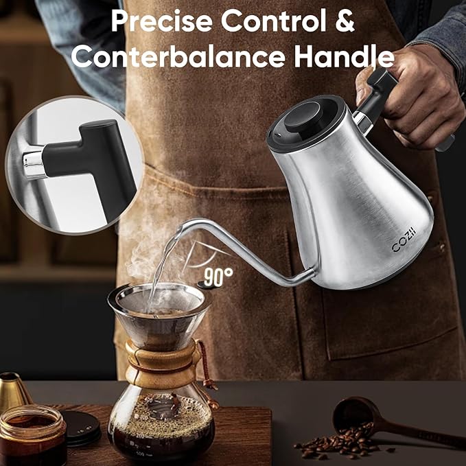 COZII Gooseneck Electric Kettle,5 Presets & ±1℉ Temperature Control 1200W Quick Heating Water Boiler for Coffee/Tea, 24H Keep Warm, Auto Shut Off Pour Over Kettle with 50pcs Coffee Filter,0.9L Silver