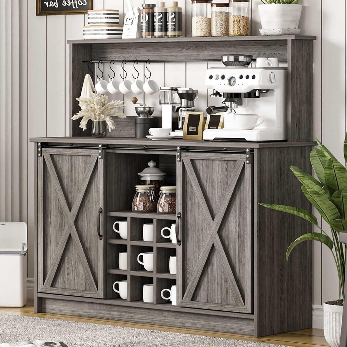 4ever2buy Farmhouse Coffee Bar Cabinet with Hutch and 6 Hooks, 47 Inch Wine Bar with Storage, Buffet Cabinet with Adjustable Shelves&9 Wine Racks, Kitchen Buffet Cabinet for Dining Living Room, Grey