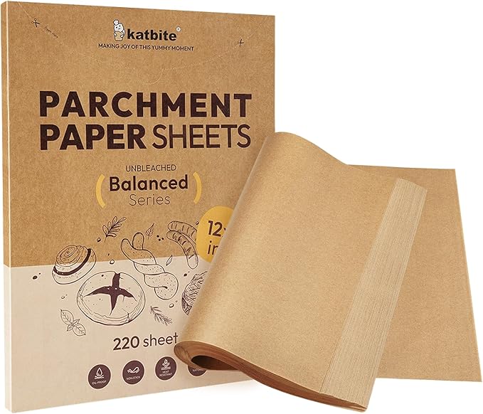 Katbite 220 Pcs Parchment Paper Sheets, 12x16 Inches Unbleached Baking Paper Non-Stick for Gently Baking, Pre-cut Parchment Paper Suitable for Baking, Cooking,Air Fryer [Balanced Series]