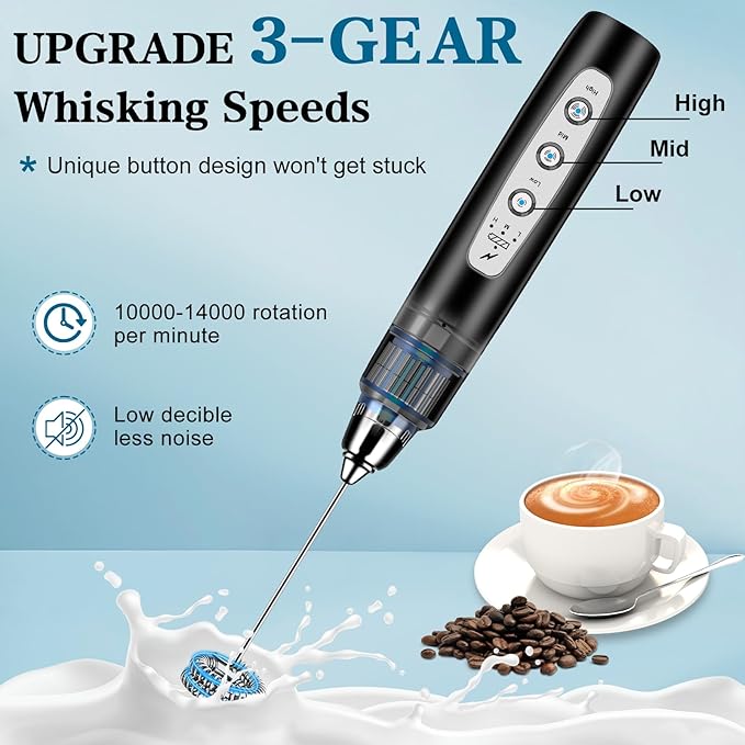 Milk Frother Handheld for Coffee, Electric Whisk 3 Speed Adjustable, Drink Mixer with Stainless 3 Whisks, Rechargeable Hand Frother Wand, Foam Maker for Latte Cappuccino Hot Chocolate Egg Black