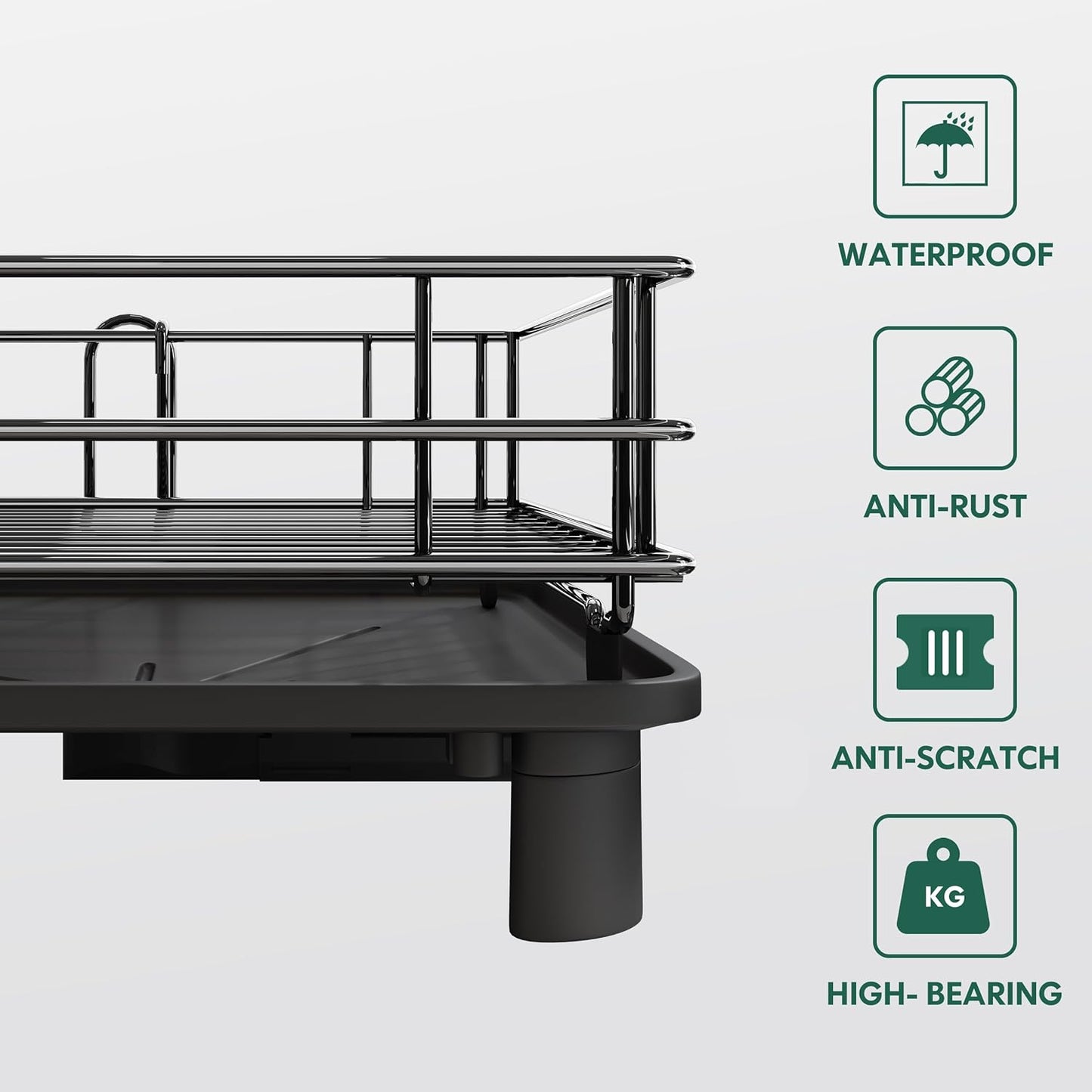 JASIWAY Stainless Steel Black Dish Drainers Drying Rack for Kitchen Counter with Drainboard, Rust Proof Metal, Space Saving, Modern Aesthetic, Compact Plates Dryer Strainers with Tray and Extra Mat