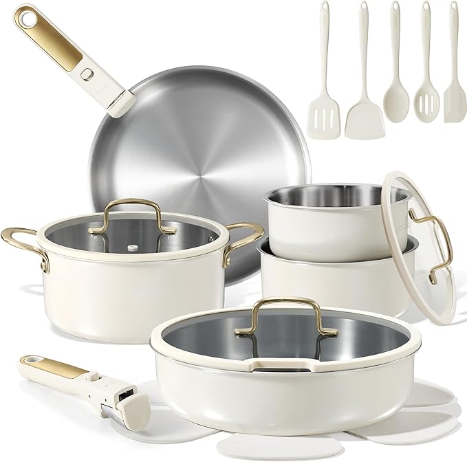 CAROTE 19pcs Tri-Ply Stainless Steel Cookware Set with Detachable Handle, Pots and Pans Set, Induction Kitchen Cooking Sets, RV/Camping Cookware, Outer Ceramic Layer, Oven Safe, Cream White