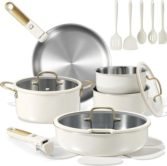 CAROTE 19pcs Tri-Ply Stainless Steel Cookware Set with Detachable Handle, Pots and Pans Set, Induction Kitchen Cooking Sets, RV/Camping Cookware, Outer Ceramic Layer, Oven Safe, Cream White