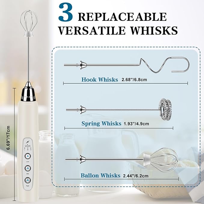 Milk Frother Handheld for Coffee, Electric Whisk 3 Speed Adjustable, Drink Mixer with Stainless 3 Whisks, Rechargeable Hand Frother Wand, for Latte Cappuccino Hot Chocolate Egg Beige
