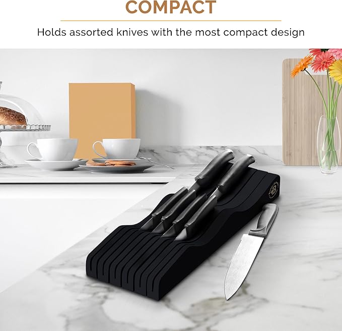 In-Drawer Knife Block - Bamboo Knife Drawer Organizer for Kitchen - Fits 5 Long + 6 Short Knives | Store Knives with Blades Pointing Down - Wooden Steak knife Holder without Knives (Black)