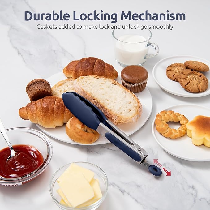 480ºF Heat Proof Kitchen Tong: U-Taste 7" Silicone Cooking Tong with Firm Sealed Non Stick Rubber Tips & Silicon Coated 18/8 Stainless Steel Handle & Smooth Locking for Serving Salad (Midnight Blue)