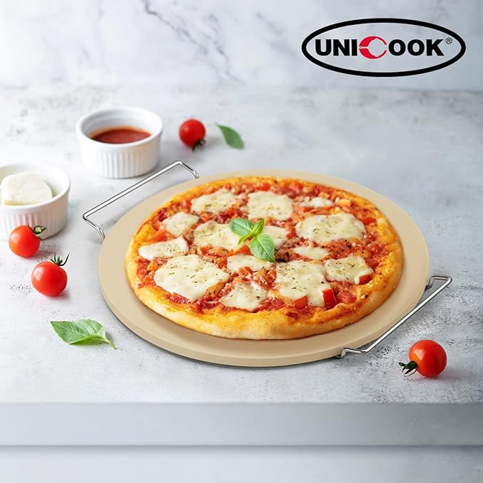 Unicook Round Pizza Stone for Oven and Grill 16 Inch, Oven Baking Stone for Bread, Cordierite Pizza Pan for Baking Crispy Bread and Cookies, Includes Carry Rack and Dough Scraper