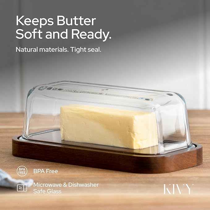 KIVY Glass butter dish with airtight lid that keeps butter soft - For countertop and refrigerator door shelf - Butter tray fridge - Butter holder for counter - Covered butter dishes with lid