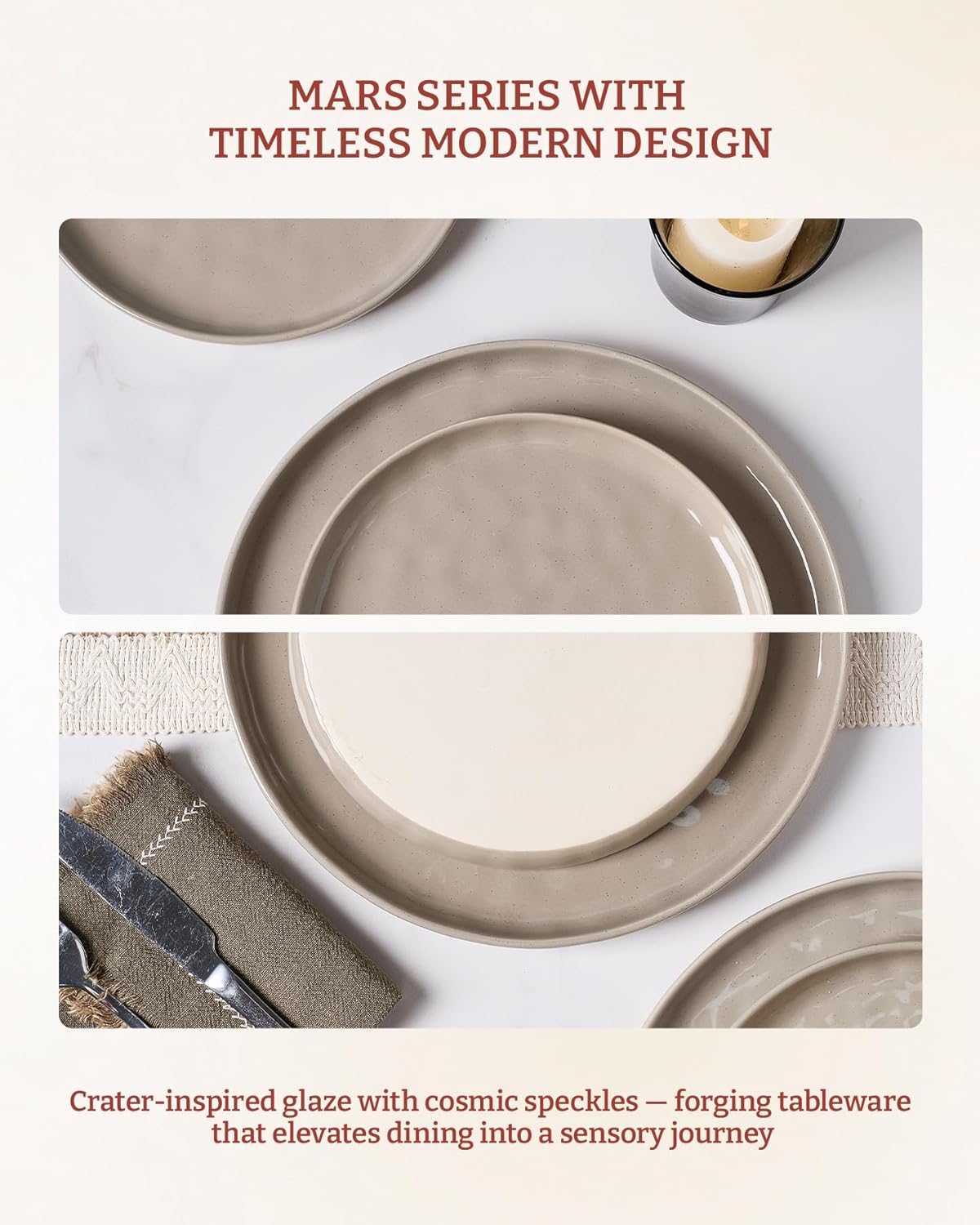 Famiware Mars Plates and Bowls Set, 18 Pieces Dinnerware Sets, Dishes Set for 6, Cinnamon Brown