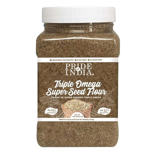 Pride of India- Triple Omega Superseed Flour 1 lbs (454 gm) Nutty Earthy Taste Milled in Small Batches | Chia Flax Sesame Seed mix | Ideal for Muffins Smoothies Oatmeal Pudding | Vegan, Gluten-Free