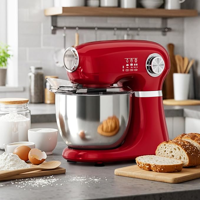 Cowsar Stand Mixer, 12 Speeds Tilt-Head Electric Commercial Stand Mixer, 3-In-1 Kitchen Mixer with Bowl, Dough Hook, Whisk and Beater, Red