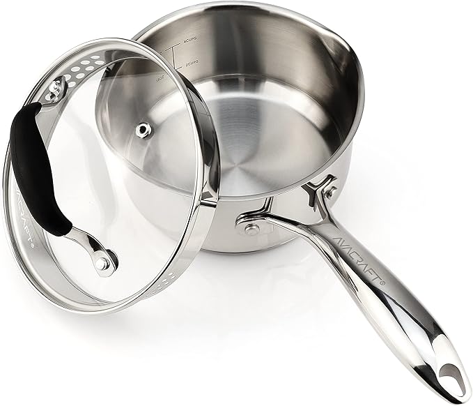 AVACRAFT Multipurpose Sauce Pan/Pot, Stainless Steel with Glass Strainer Lid, Two Side Spouts for Easy Pour with Ergonomic Handle (5-Ply Capsule Bottom, 1.5 Quart)