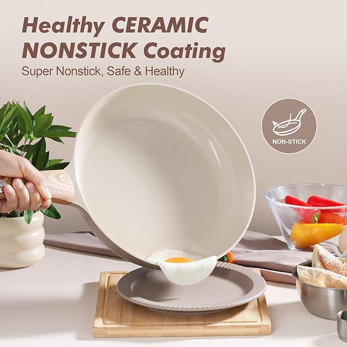 SENSARTE Ceramic Nonstick Frying Pan Skillet with Lid 11inch, Non Stick Pan Omelette Pans, Non-toxic Kitchen Cooking Chef's Pan, Free of Intentionally Added PFOA/PFAS/PTFE, Induction Compatible, Taupe