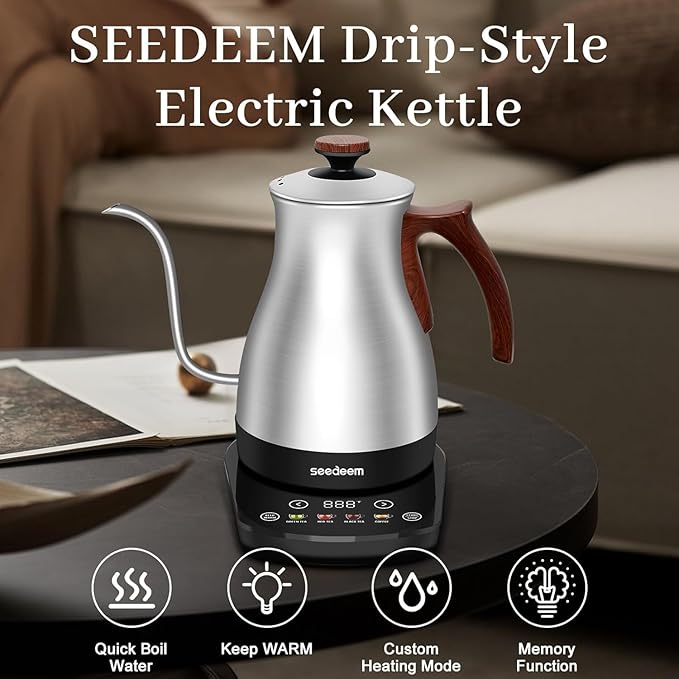 SEEDEEM Gooseneck Electric Kettle, 1L 1200W Touch Screen Pour-Over Kettle with 4 Heating Modes, ±1℉ Temp Control, Keep Warm Function, for Tea & Coffee, Silver