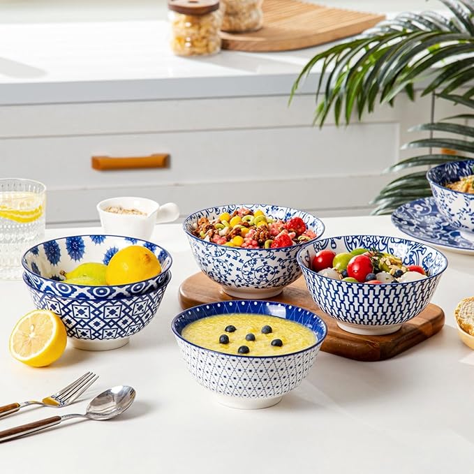 Ceramic Soup Bowls Set - 24 Oz Deep Cereal Bowl for Kitchen - 6 Inch Large Porcelain Dinner Bowl Eating Salad Pasta Dessert Oatmeal - Microwave Dishwasher Safe - Set of 6 - Vintage Blue