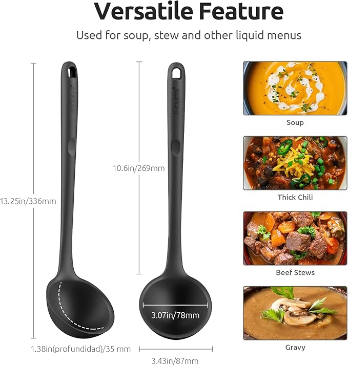 13 inch Silicone Soup Ladle: U-Taste 600ºF Heat Resistant 4 oz Large Non-stick Seamless Rubber Kitchen Deep Serving Spoon with Non Slip Solid Long Handle for Cooking Sauce/Stews/Gravies/Chili(Black)