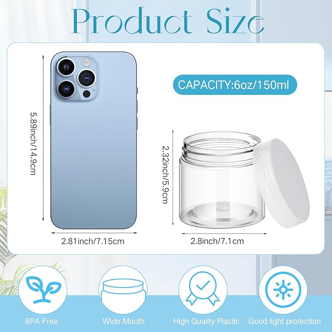 SATINIOR 6 Pack Plastic Container with Lids Small Jars Wide Mouth Round Airtight Leak Proof Container for Travel Storage, Cosmetic,eye Shadow, Nails, Paint, Jewelry(Clear,6 oz)