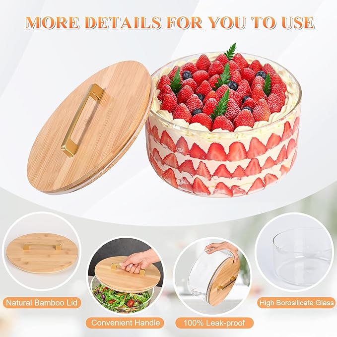 Large Salad Bowl, 10 inch Trifle Bowl Glass with Sealed Lid, Versatile Mixing and Serving Bowl for Laying Ice Cream,Cake,Cupcake,Salad,Fruit,Baking,Dessert and Party Diy, Microwave Safe