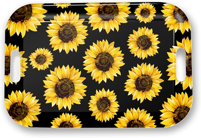 Serving Trays with Handles, 14.5 x 9.8 inch Rectangular Plastic Tray for Restaurant, Kitchen, Sunflower Black Background