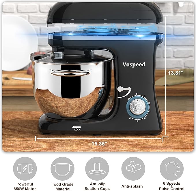 Vospeed 9 IN 1 Stand Mixer, 850W Tilt-Head Multifunctional Electric Mixer with 8 QT Stainless Steel Bowl, 1.5L Glass Jar, Meat Grinder, Hook, Whisk, Beater Dishwasher Safe (Black)