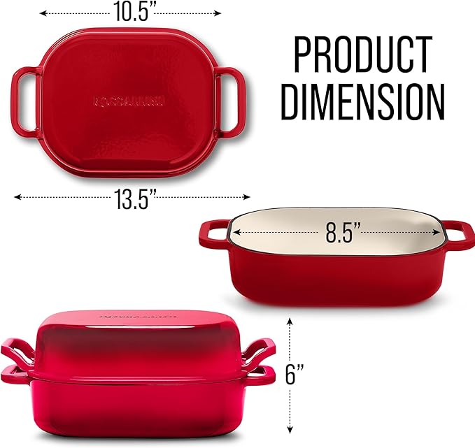 Signature Enameled Cast Iron Sourdough Bread Oven | Non-Stick with Tight Fitting Lid for Perfect Baking and Bread Making | 6QT Rectangle Oven With Lid [Red]