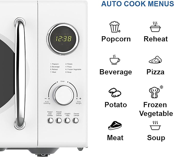 Emerson MWRG0901W Retro Microwave with 1,000W Grill Function 800W Cooking, LED Display, 5 Power Levels, 8 Auto Menus, Glass Turntable, Child Lock, 0.9 Cu. Ft, White Countertop Design