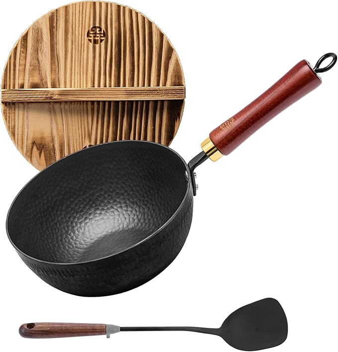 WANGYUANJI Iron Wok,Non-Coated Flat Bottom Small Wok,8.6-Inch Wrought Iron Wok with Lid and Spatula,Stir-Fry Pans Pure Iron Cookware Compatible with Induction, Gas, and Electric Ceramic Cooktops