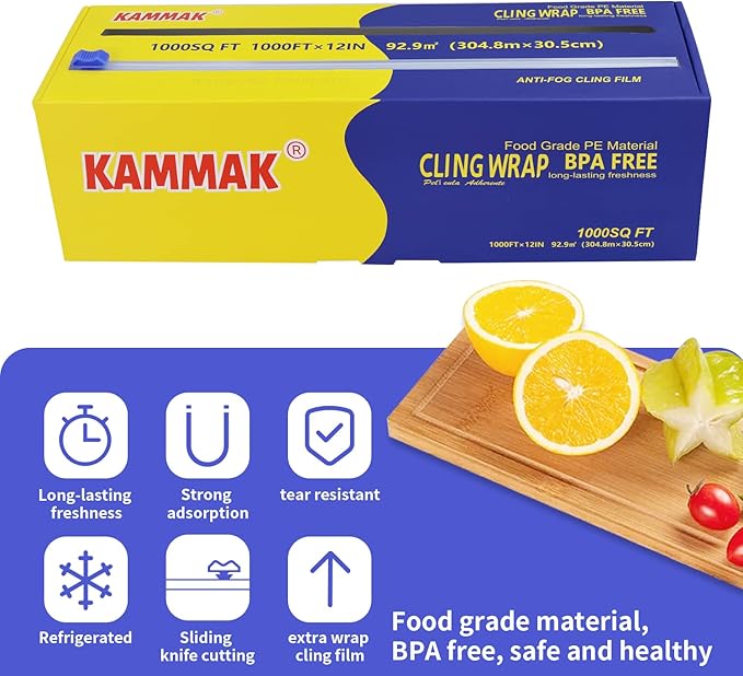 KAMMAK Plastic Wrap with Slide Cutter - 12 Inch Food Service Cling Film Roll - Clear Refillable Stretch Film - 1000 SQ FT Wrap - Bulk Quick Cut for Restaurant, Kitchen