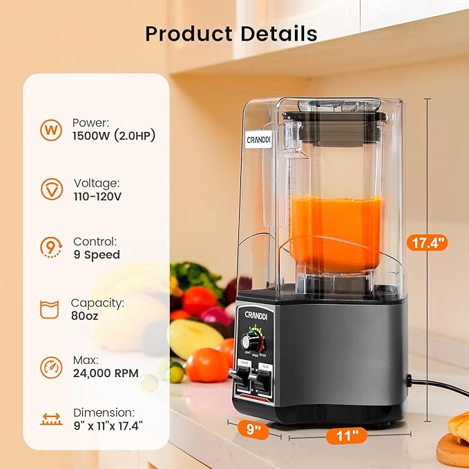 CRANDDI Commercial Blender for Crushing Ice, Chopping, Grinding, Blending, 1500W 80oz Blender with Tamper and Removable Soundproof Cover, K85 (Grey)