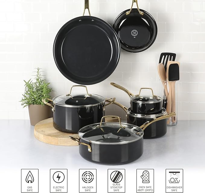 Martha Stewart Lockton 14 Piece Premium Non-Stick Heavy-Gauge Aluminum Cookware Combo Set (Pots, Pans, and Tools) - Black w/Gold Handles