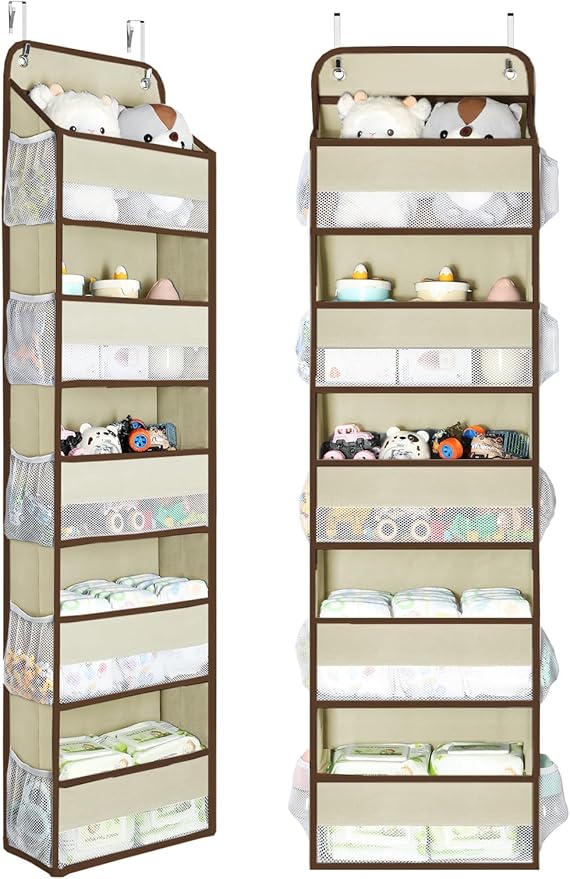 Yecaye 2 Pc Over the Door Organizer with 5 Bins 10 Side Pockets, 44lbs Load Hanging Bathroom and Bedroom Organizer, behind the Door Hanging Organizers for Nursery Newborn Baby Essential Stuff Beige