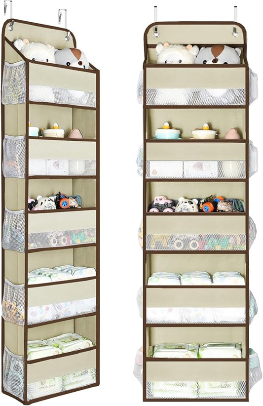 Yecaye 2 Pc Over the Door Organizer with 5 Bins 10 Side Pockets, 44lbs Load Hanging Bathroom and Bedroom Organizer, behind the Door Hanging Organizers for Nursery Newborn Baby Essential Stuff Beige