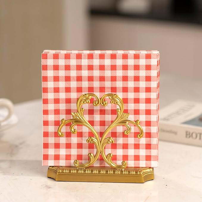 1 Gold Napkin Holder and 50 pieces of red and white paper napkins in classic gingham checkered design,Brass Napkin Holder,Modern Dining Table Decor