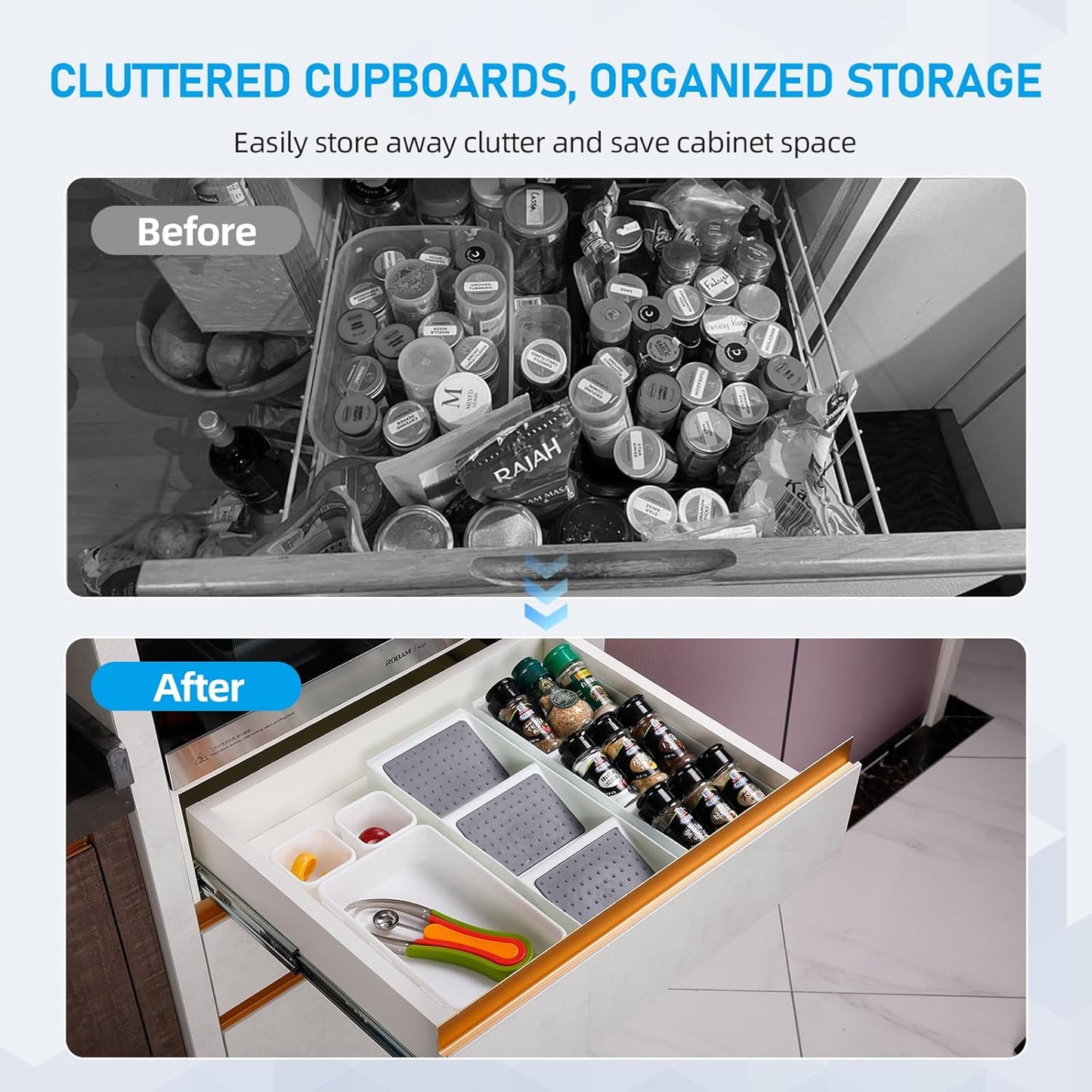 Spice Drawer Organizer, 3 Tier Non-Slip Silicone Seasoning Jars Drawer Insert, Spice Rack Organization for Kitchen Spice Rack Tray for Cabinet Countertop Makeup Storage-2 Pack