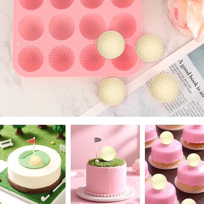 Silicone Golf Ball Chocolate Mold, 12 Cavity Golf Ball Cake Pop Mold for Cake Decorations Hot Chocolate Bombs Candy Fondant and More (Pink)
