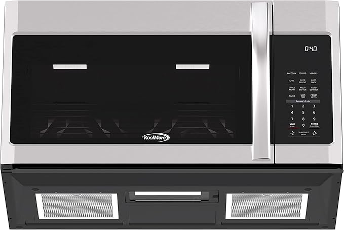 KoolMore KM-MOT-2SS Range Microwave Oven Lamp and 300CFM Recirculation Vent Hood, Auto Cook Menus, Reheat Function, 11 Power Levels, Timer, and Weight Defrost, 30 in/1.9 Cu. Ft, Silver