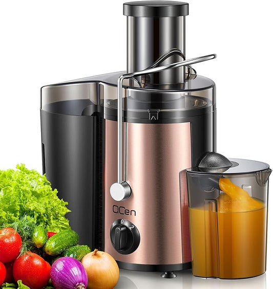 QCen Juicer Machine, 500W Centrifugal Juicer Extractor with Wide Mouth 3” Feed Chute for Fruit Vegetable, Easy to Clean, Stainless Steel, BPA-free (Rose Gold)