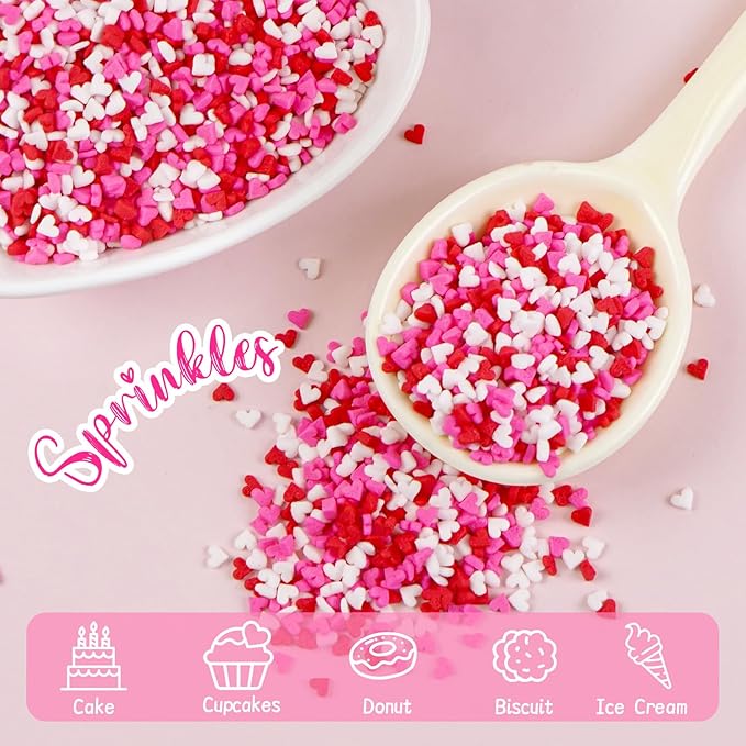 Sweet Mini Heart Sprinkles Sugar, Valentines Love Sprinkles for Cupcake Decorating, 150g/5.29oz Mix Edible White Pink and Red Candy, Cookie, Ice Cream, Mother's Day, Wedding Party Supplies