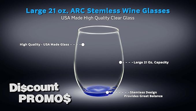 DISCOUNT PROMOS 10 ARC Stemless Wine Glasses Set, 21 oz. - Chardonnay, Cabernet, Merlot, Sauvignon - Blue